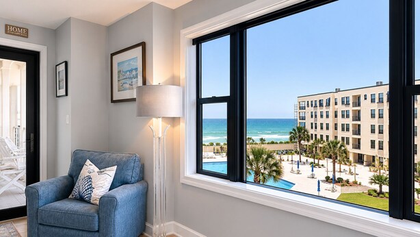 A room with a large window overlooking a pool and ocean, a blue armchair, a floor lamp, and framed pictures on the wall. - Summer Winds A-415, Oceanfront Condo in Indian Beach, NC! (Indian Beach)