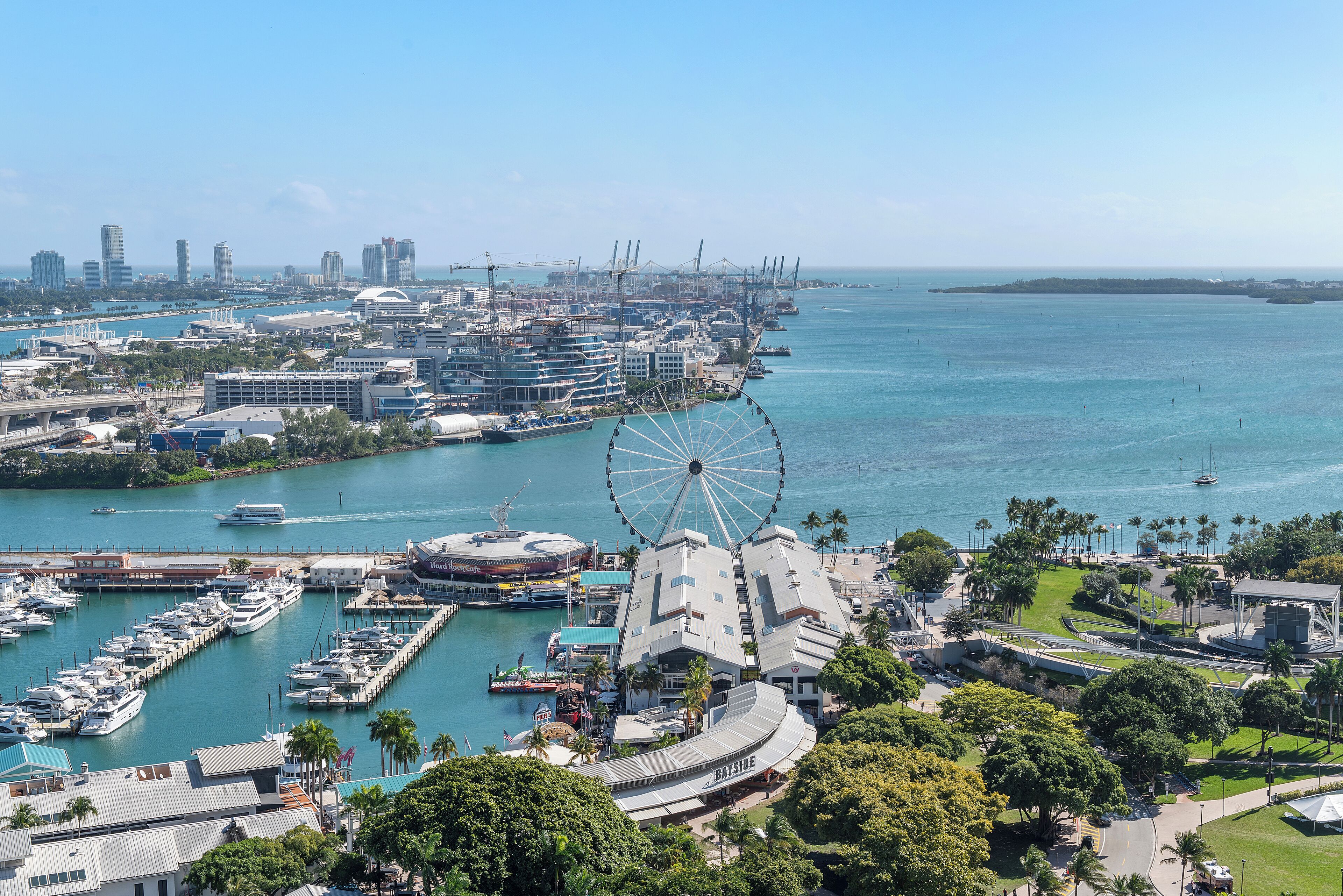 A marina with boats, a Ferris wheel, and a city skyline in the background.