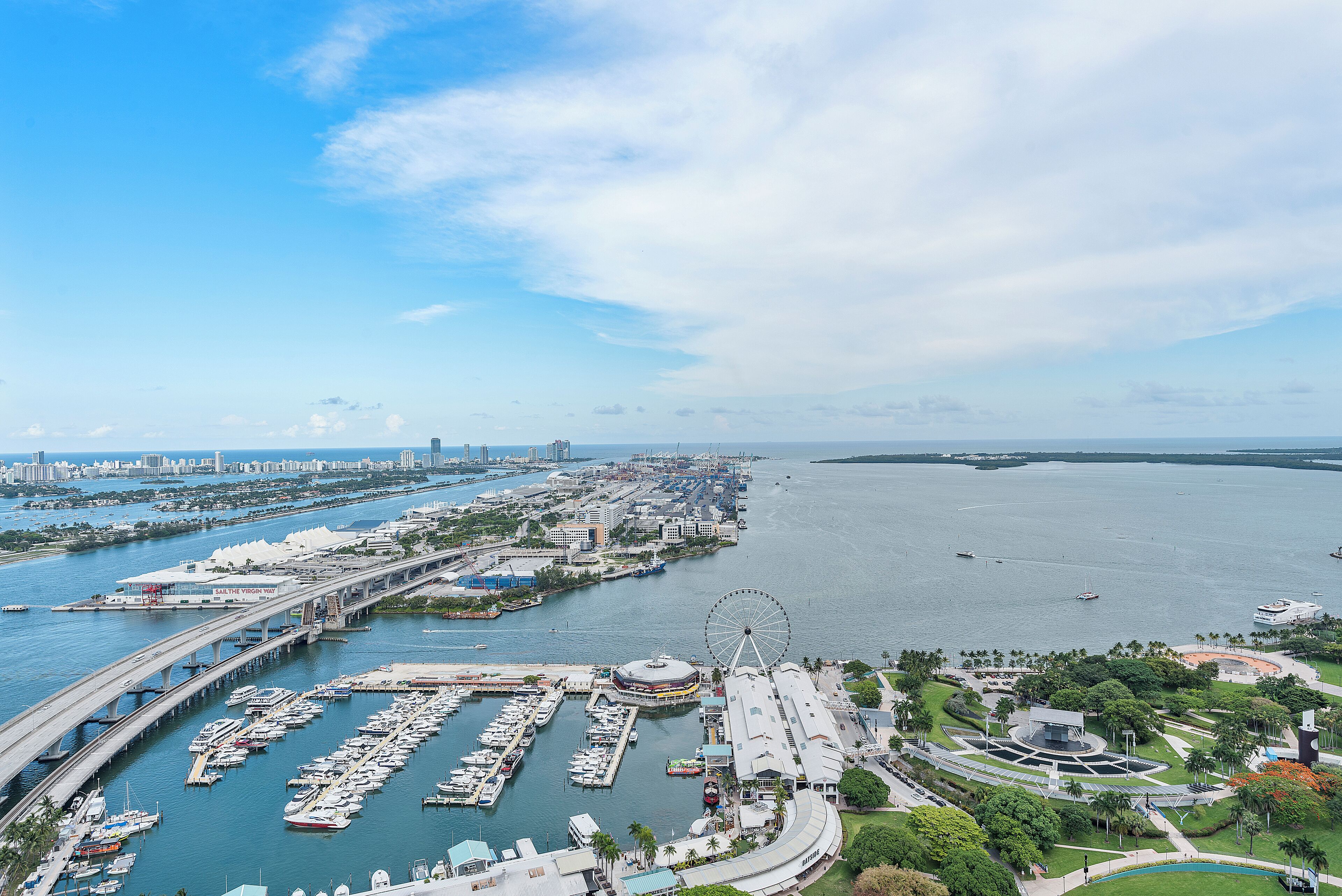 A marina with boats, a Ferris wheel, and a bridge.