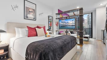 Studio Deluxe, 1 très grand lit et 1 canapé-lit, vue baie | Draps en coton égyptien, literie de qualité supérieure