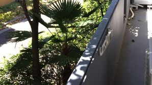 Un balcón con vista a un jardín, un edificio y un coche aparcado.