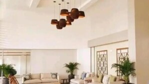 Amplia sala de estar con techo alto, un gran sofá, una silla de madera y una mesa de centro. Hay dos plantas en macetas y un panel decorativo en la pared.
