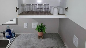 A kitchen with white cabinets, a countertop, and a potted plant.