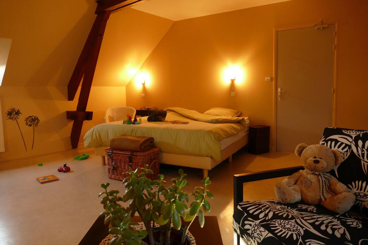 Une chambre à coucher avec un lit, des lampes de chevet, un ours en peluche, une chaise et une petite table sur laquelle est posée une plante.
