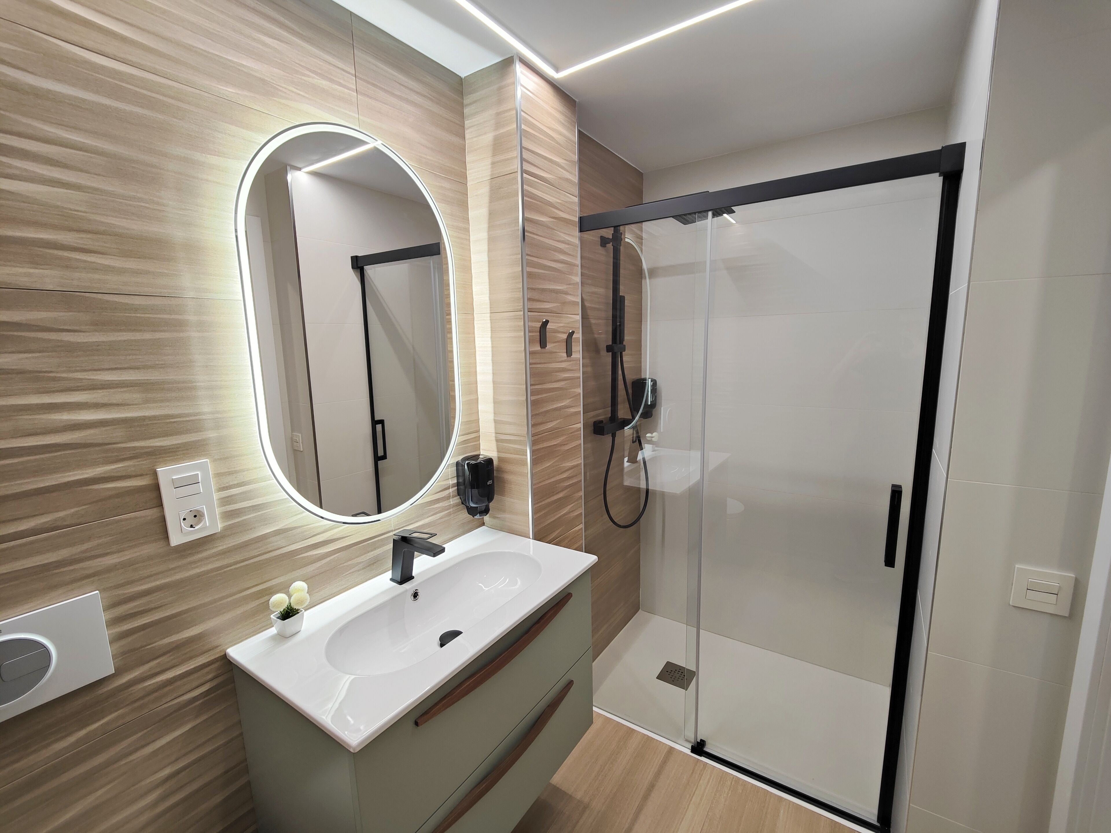 Hair dryer, bidet, towels, soap