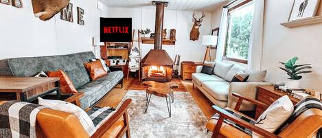 Smart TV, fireplace, video games, DVD player