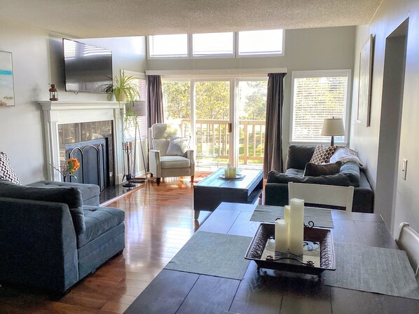 Smart TV, chimenea y libros