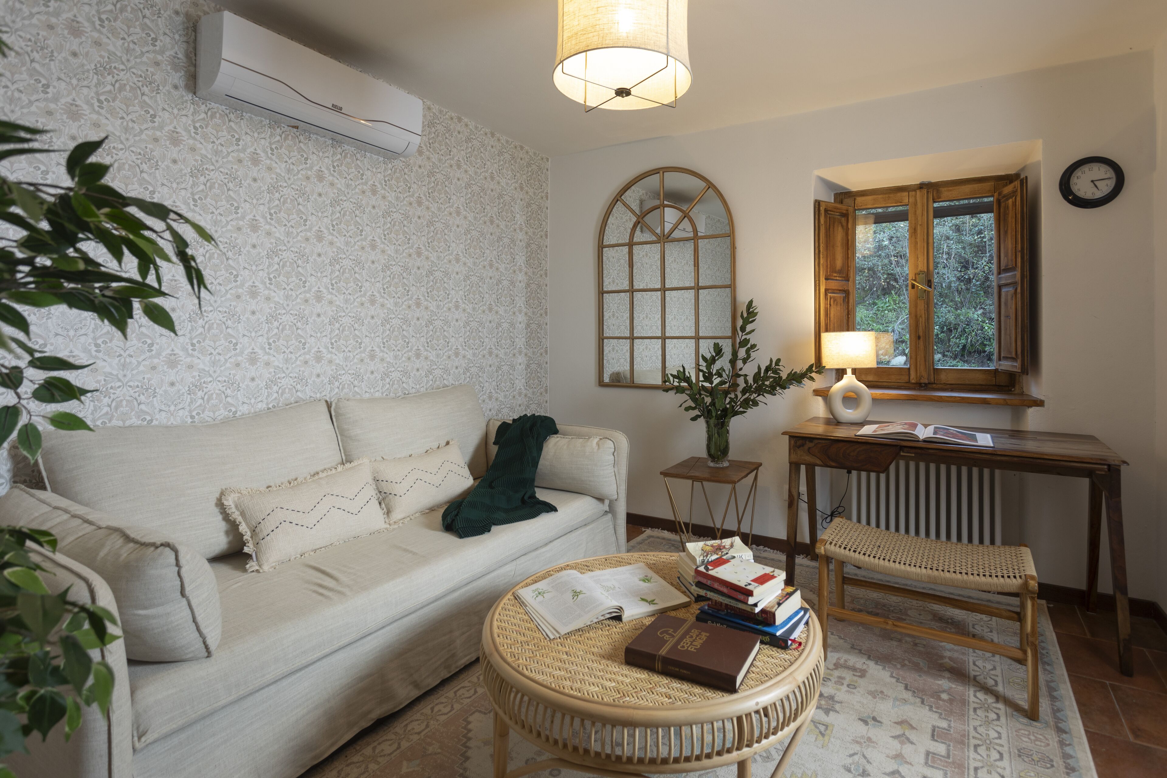 TV connectée, cheminée, livres, chaîne hi-fi