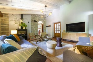 Smart TV, lareira, livros, aparelho de som