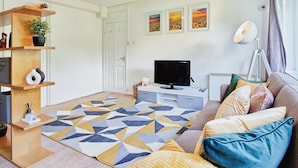 A modern living room with a geometric patterned rug, a flat-screen TV, a sofa with cushions, a wooden shelf with a plant, and a lamp. - Charming City 1-bed Apartment in Birmingham (Birmingham)
