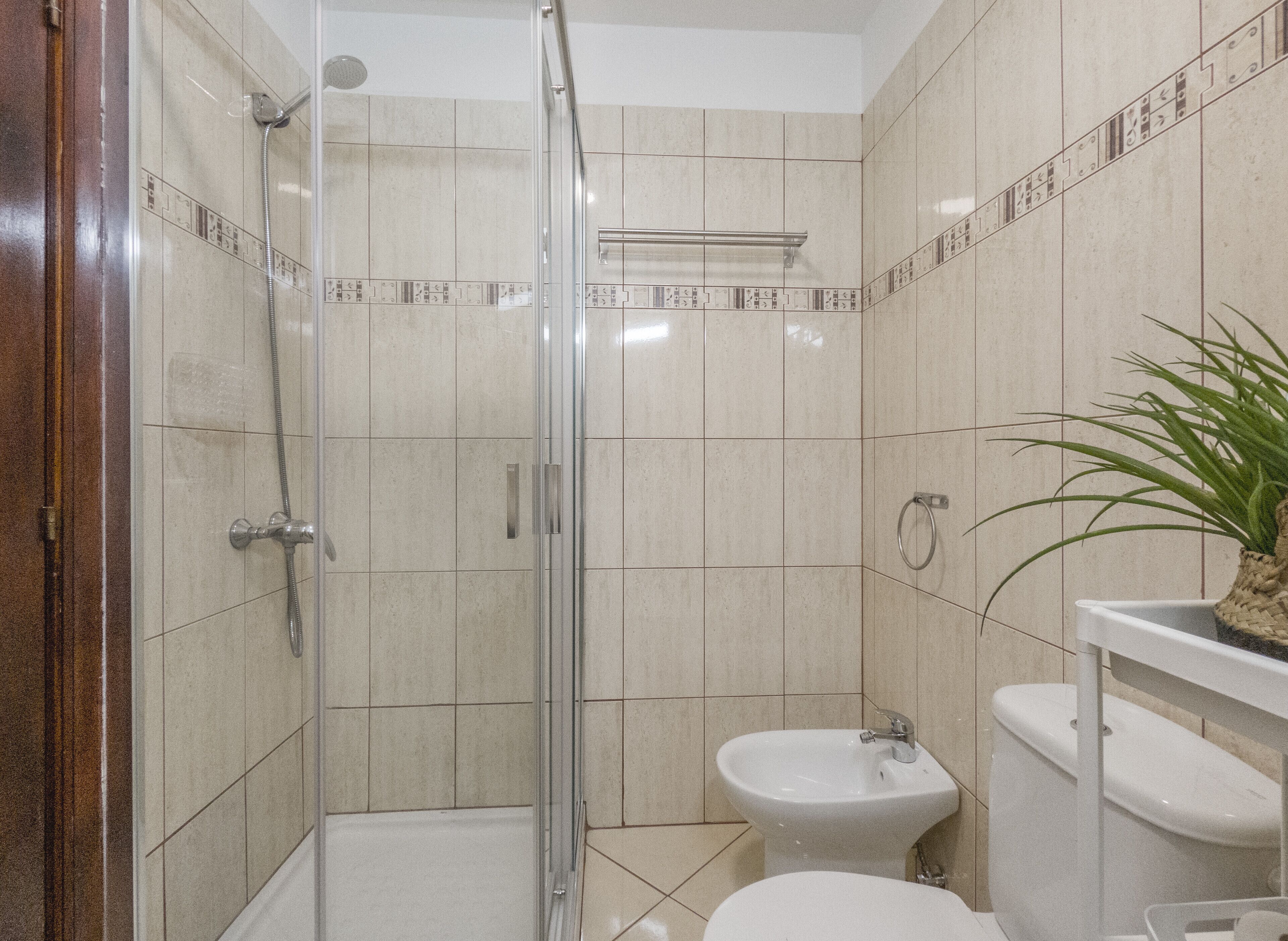 A bathroom with a shower, toilet, bidet, and sink.
