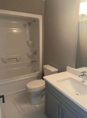 Combined shower/tub, hair dryer, soap, toilet paper