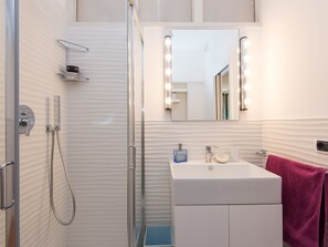 Shower, hair dryer, bidet, towels