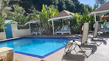 A swimming pool with lounge chairs and umbrellas, surrounded by tropical plants.