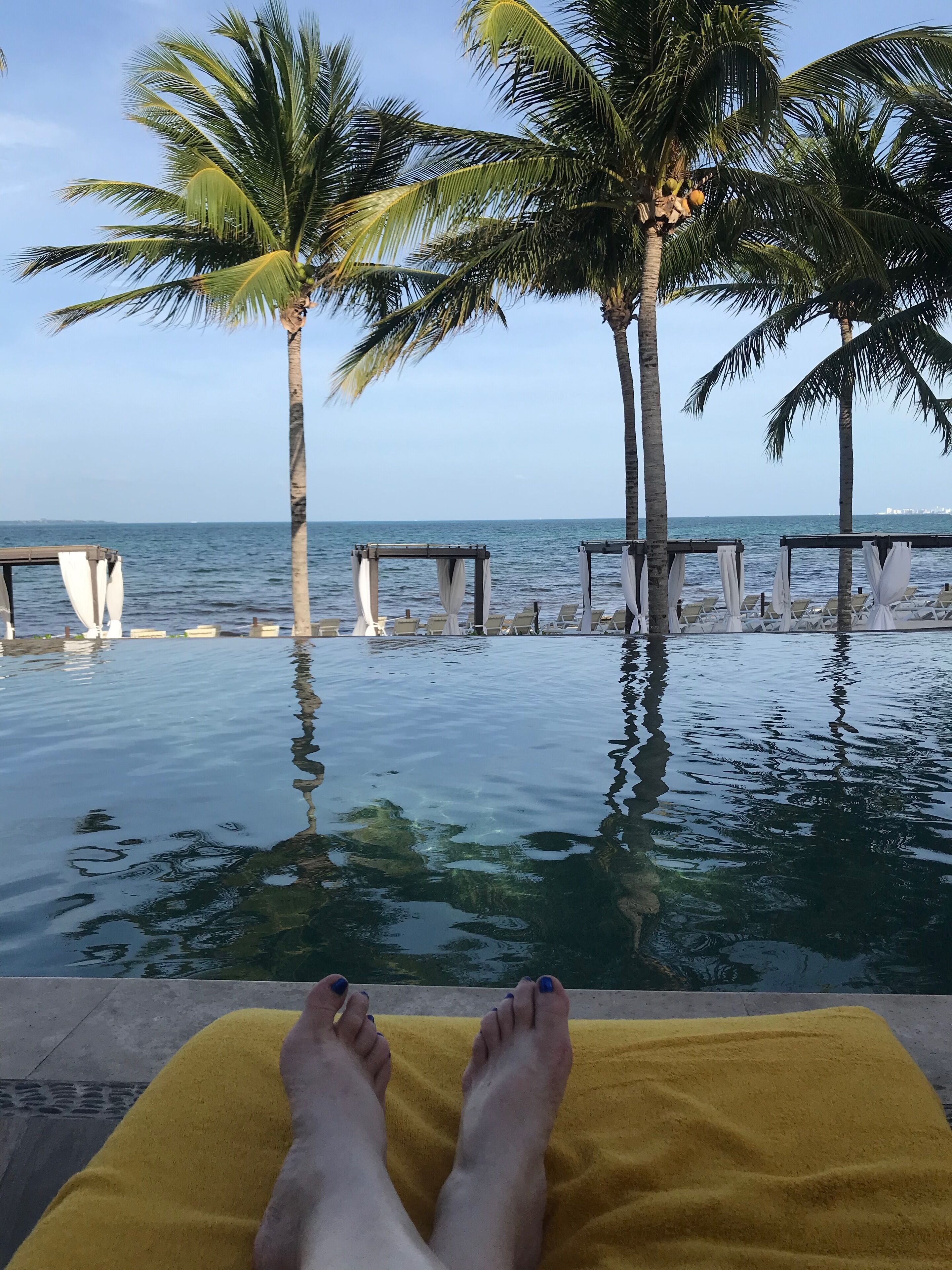 A poolside view with lounge chairs and palm trees, overlooking the sea.