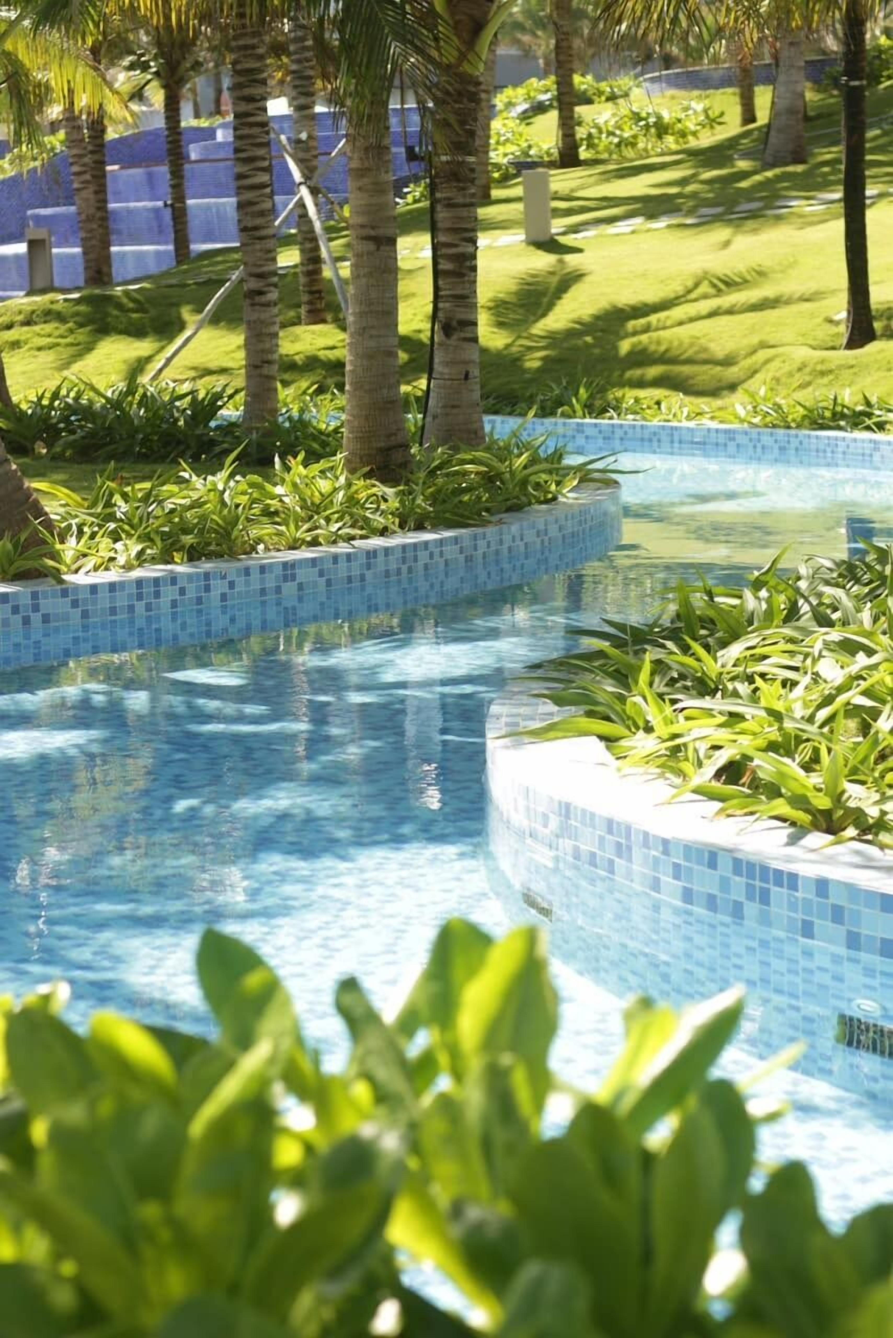 Ein Pool mit blauen Mosaikfliesen, umgeben von üppiger Vegetation und Palmen.