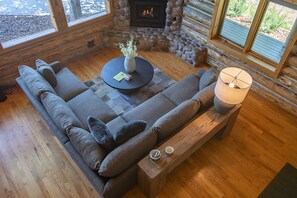 Smart TV, fireplace, books