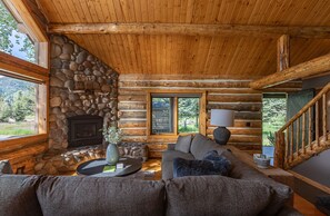 Smart TV, fireplace, books