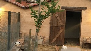 Un'area esterna rustica con una porta in legno, una recinzione in filo metallico e un piccolo albero.