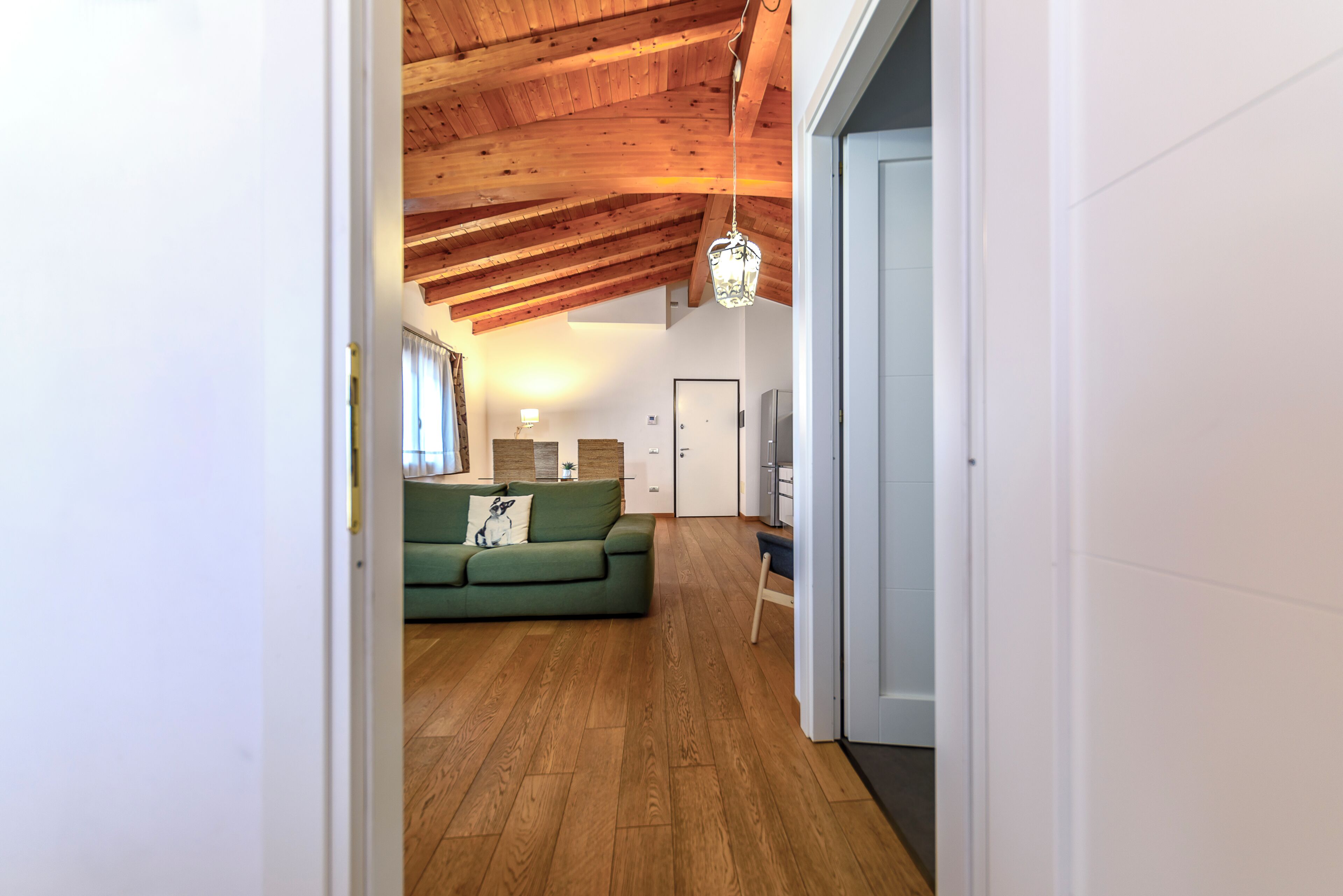 Un couloir doté d’un plancher en bois, d’un canapé vert, d’un luminaire suspendu et d’une porte donnant sur une autre pièce.