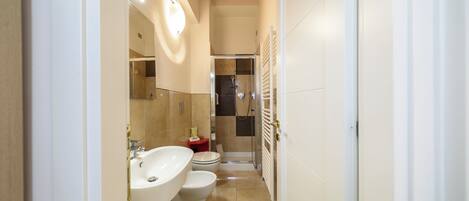 A narrow bathroom with a sink, toilet, and shower area.