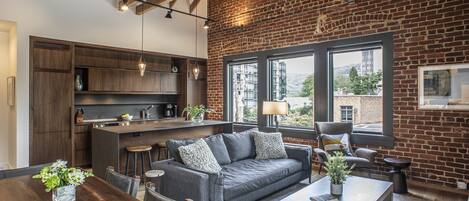 Smart TV, fireplace, books