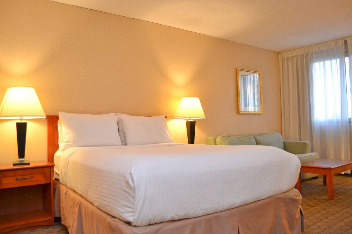 A hotel room with a large bed, two bedside tables with lamps, a small sofa, and a window with curtains.