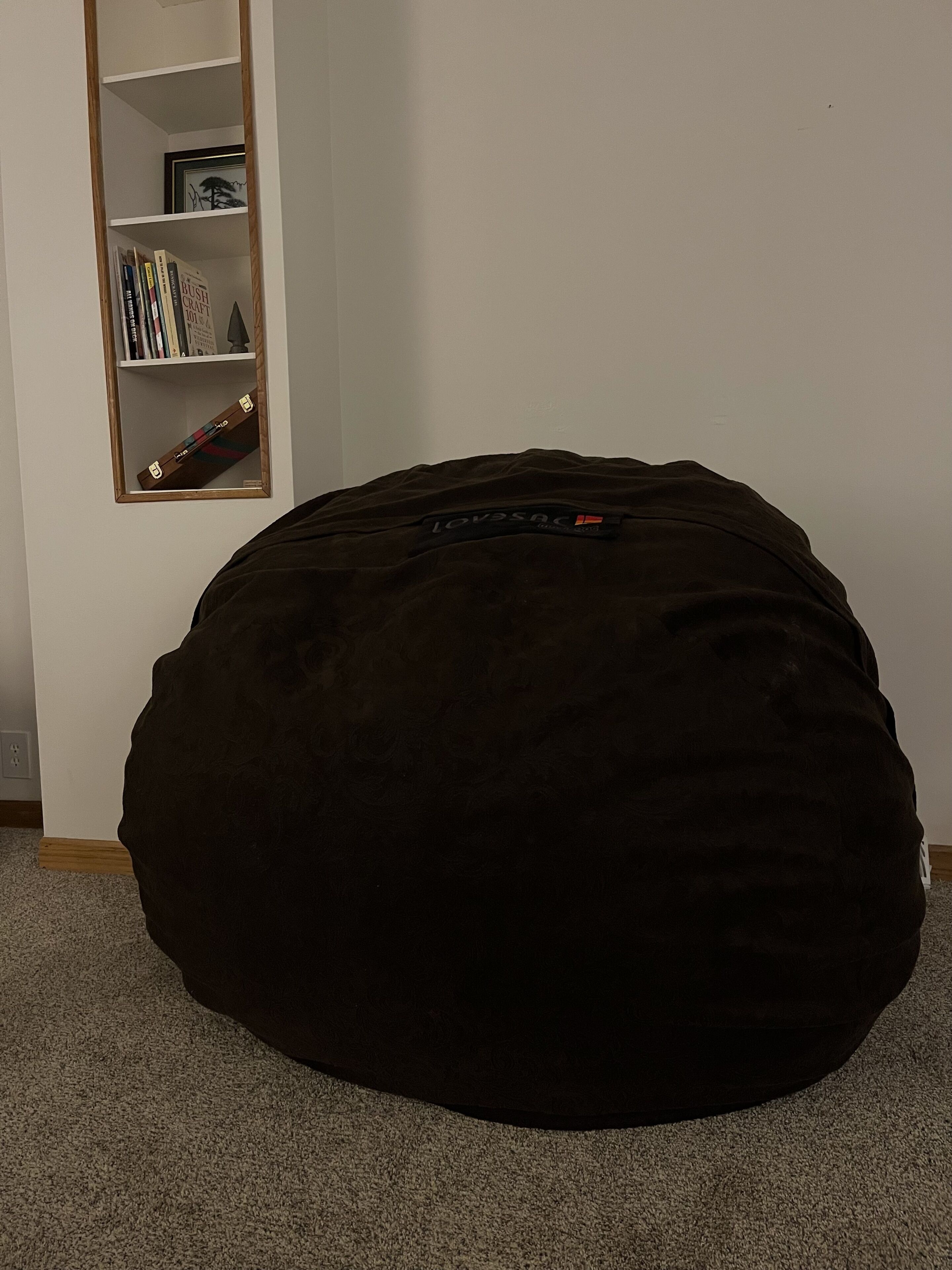Un sillón de tular negro en una habitación con una estantería blanca adosada a la pared.