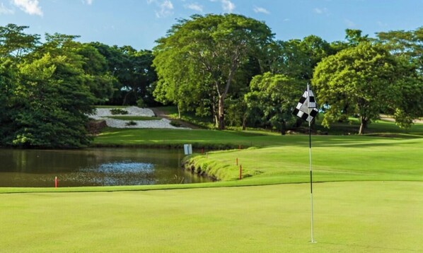 Um campo de golfe com lago, árvores e um bunker de areia.