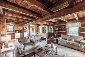 Smart TV, fireplace, books, computer monitors