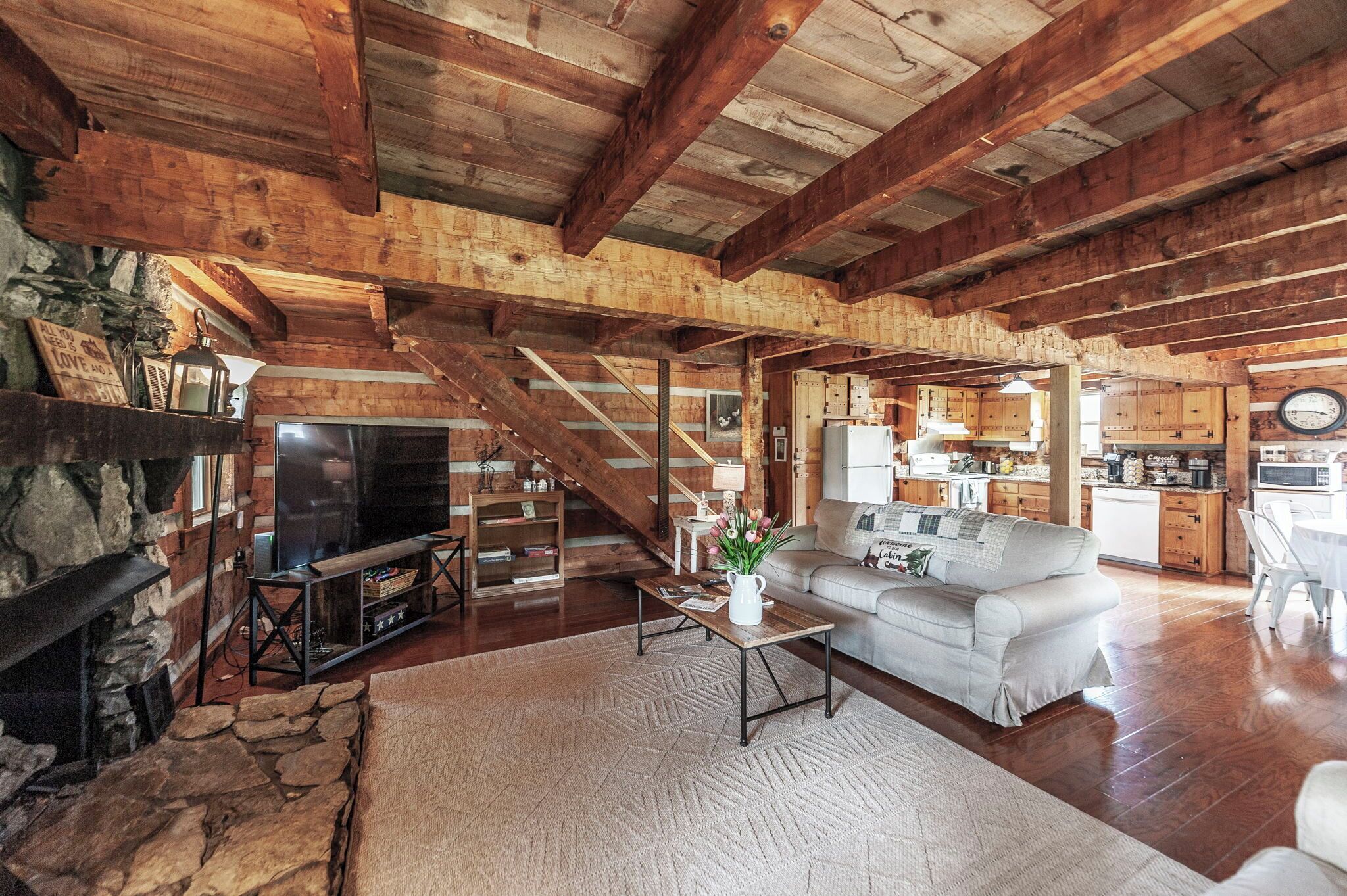 Smart TV, fireplace, books, computer monitors