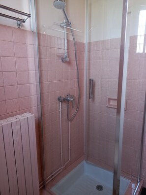 Shower, hair dryer, bidet, towels