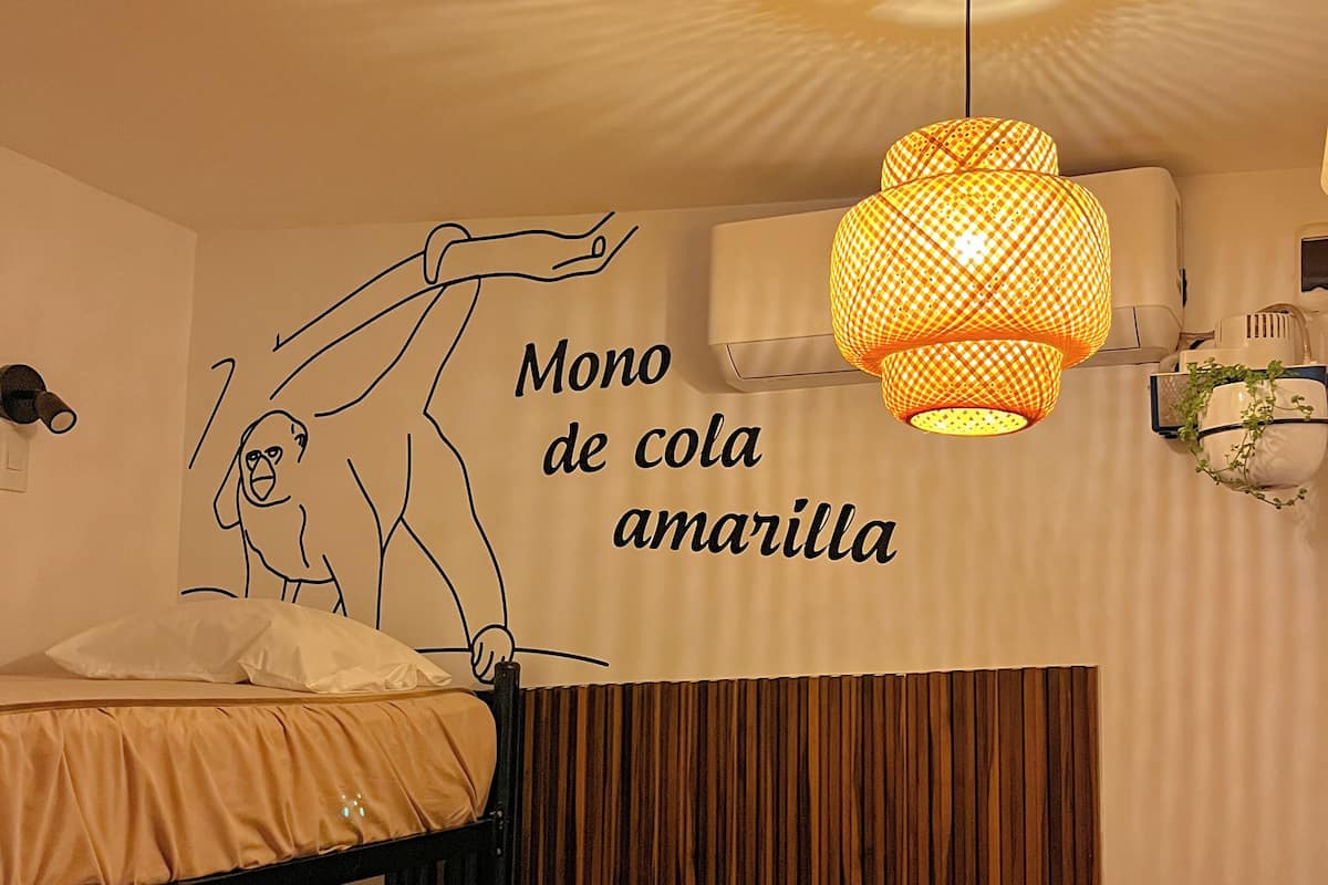 Une pièce avec des lits superposés, une fresque murale, une lampe suspendue et un rideau.
