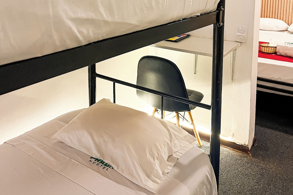 Un lit superposé avec un lit en bas, une chaise, une petite table, une plante et une étagère avec une lampe et des objets décoratifs.