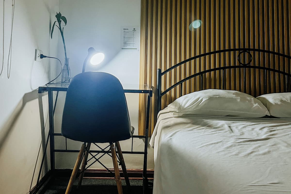 Une pièce comprenant un lit, un bureau avec une chaise, une plante fixée au mur et une fenêtre avec des stores.
