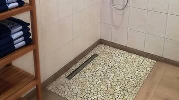Hair dryer, towels, soap, toilet paper