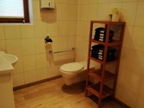 Hair dryer, towels, soap, toilet paper