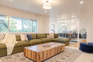 Smart TV, fireplace, books, stereo