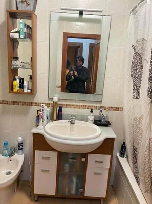Bathroom features a central sink, mirror, and shower curtain with decorative pattern.