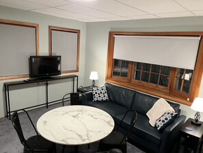 Smart TV, fireplace, books