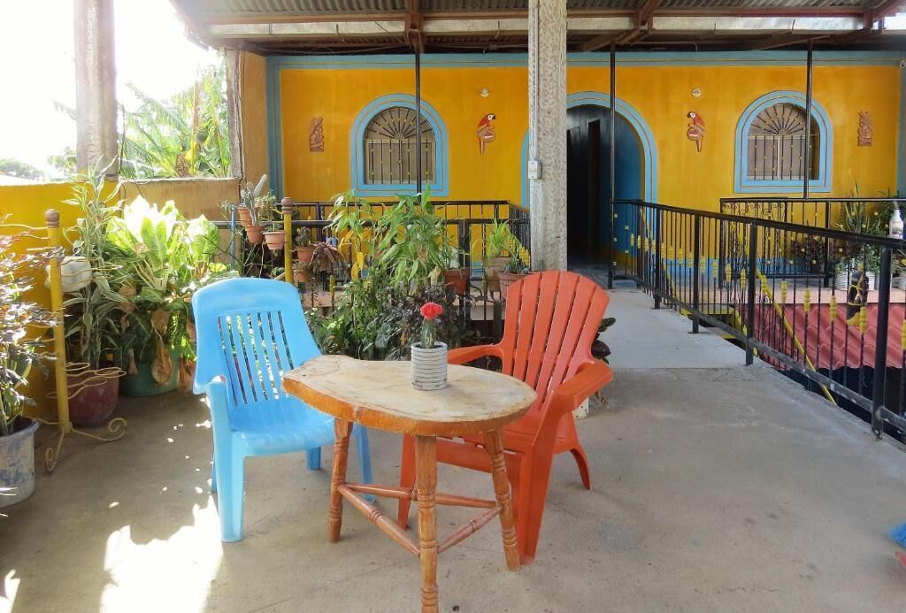 An outdoor patio with a table and chairs, surrounded by potted plants and a yellow building with blue accents.