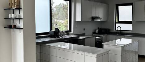 Fridge, microwave, oven, stovetop