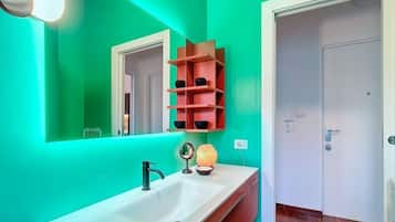Shower, hair dryer, bidet, towels