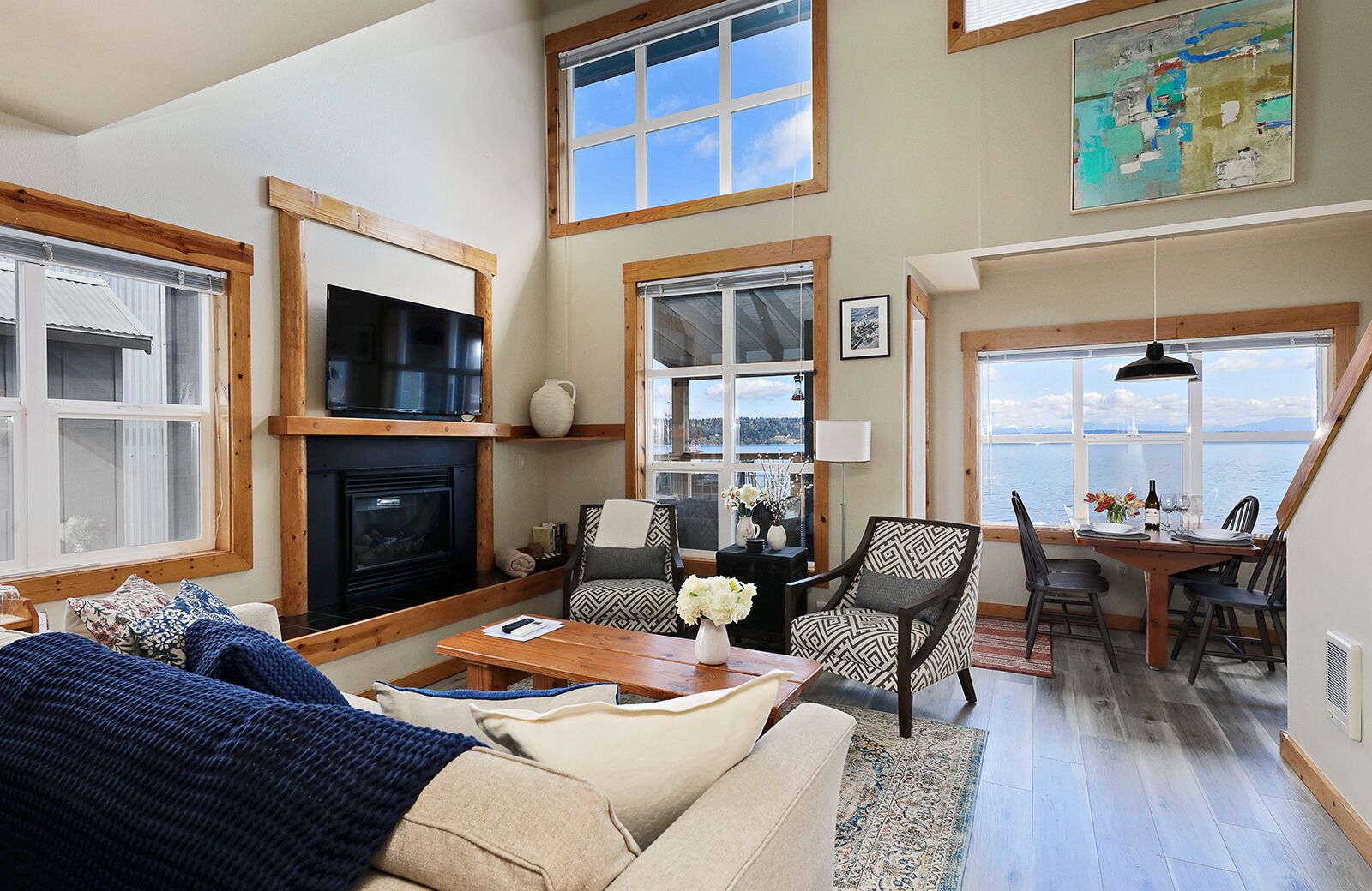 TV, fireplace, books