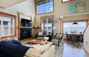 TV, fireplace, books