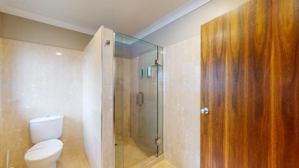 A bathroom with a glass-enclosed shower, a toilet, and a wooden door.