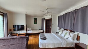 A hotel room with a bed, a sofa, a TV, and a ceiling fan. - Sanalae Apartments (Honiara)