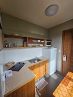 Cozinha compacta com pia, micro-ondas e armários de madeira.