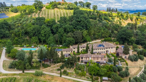 A villa with multiple buildings, surrounded by lush greenery and vineyards, with a clear sky above.