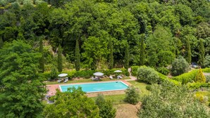 A lush, green landscape with a swimming pool surrounded by lounge chairs and umbrellas, set against a backdrop of dense trees and a hill with a tower.